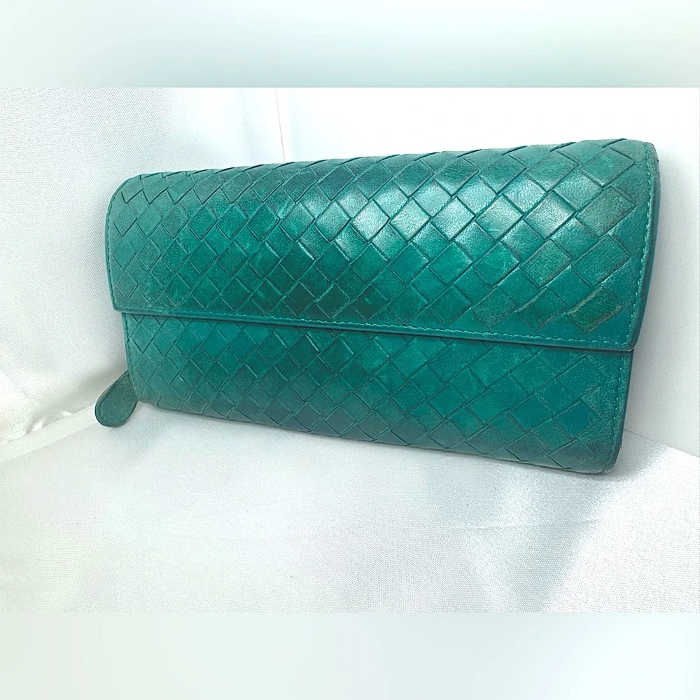 Bottega Veneta Intrecciato Leather Long Wallet Teal Vintage Color Made in Italy - Picture 2 of 14
